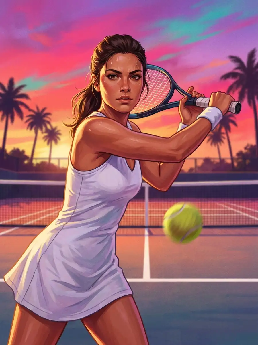Jugadora de tenis golpeando de derecha al atardecer