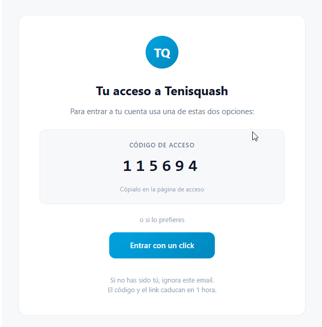Email con el código de acceso